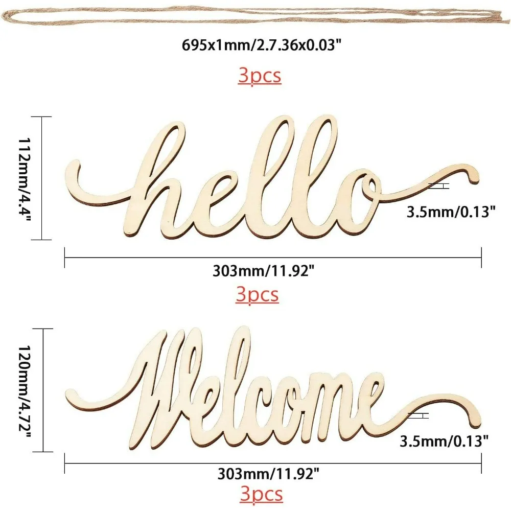 3 Set Hello Welcome Wood Sign Cutout Wooden Letter Sign with Rope for Wedding Anniversary Engagement Home Decoration