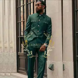 African Design Dark Green Stand Collar Men Suits Clothing For Party Wedding Jacket Pants Groom Tuxedos Terno Masculino