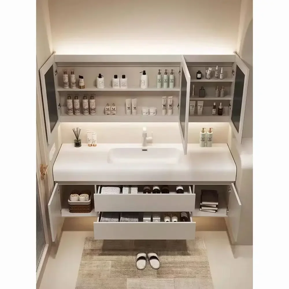 Light Luxury Bathroom Cabinet Simple White Rock Integrated Washbasin Nordic Home Bathroom Vanity Sink Cabinet Bathroom Furniture