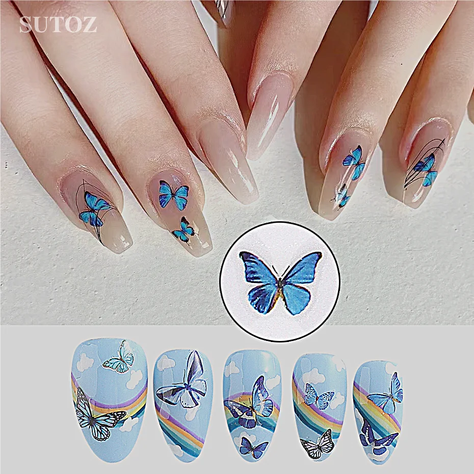 5d Blauwe Vlinder Nail Art Stickers Reliëf Kunstmatige Vlinder Lente Zomer Design Nagel Decals Barok Manicure Decor L-Y016