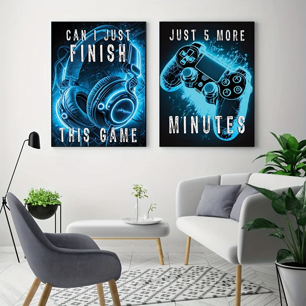 Canvas Print, Game Console Earphone Painting, Blue Neon Wall Art, Nordic Poster Picture for Living Room, Aesthetic Home Decor