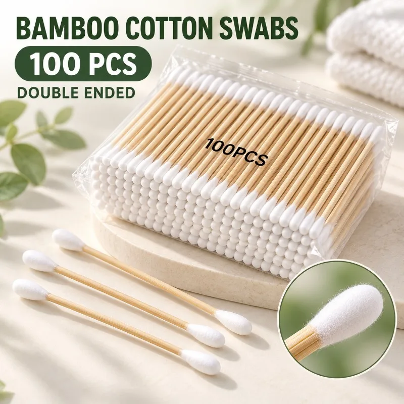 Bamboo Cotton Swabs 100PCS Double Ended Cotton Buds for Makeup Removal Touch Ups and Precision Cleaning Personal Care Tools