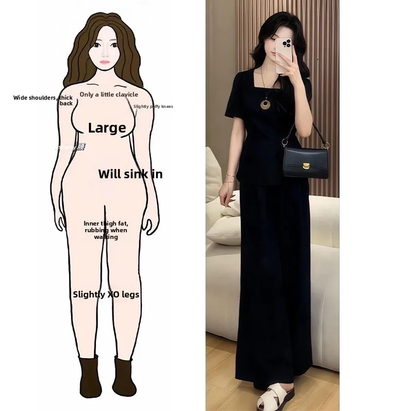 

Elegant Women's Fashion Set with Square Collar High Waist Wide Leg Pants And Dress Slit Design Summer Collection