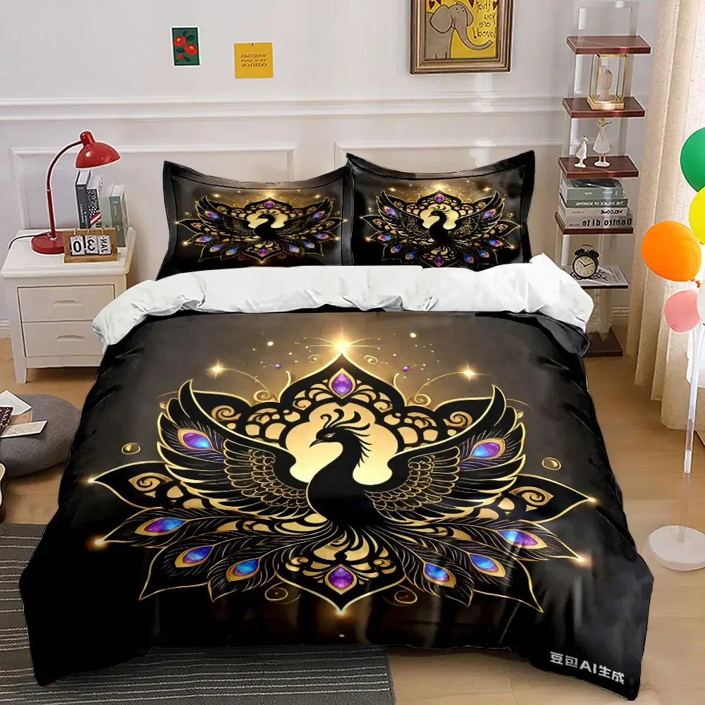 Golden Peacock Wall Art Set Multiple sizes kid's and adults' bedroom Exquisite 3PC bedding set, gift