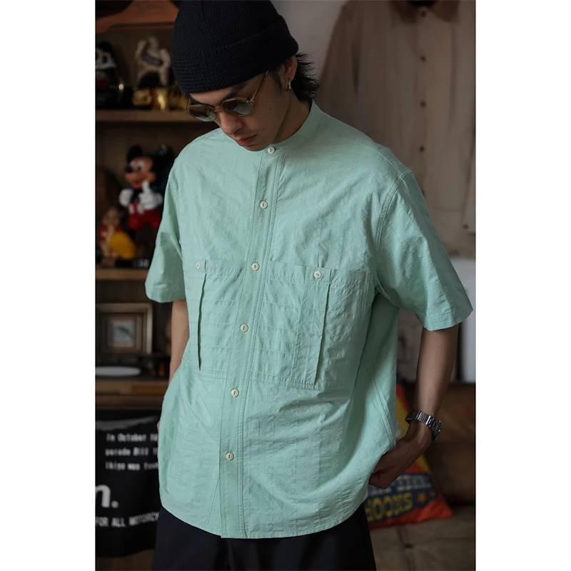 Pop Second Order Retro Band Collar Short Sleeve Work Shirt Collarless Oversize Shirt