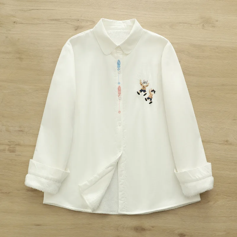 جديد 2025 الخريف قميص قطني بكم طويل الصوف ، المرأة بدوره إلى أسفل طوق التطريز ، موري فتاة الدافئة لطيف بلوزة فضفاضة T59822CC