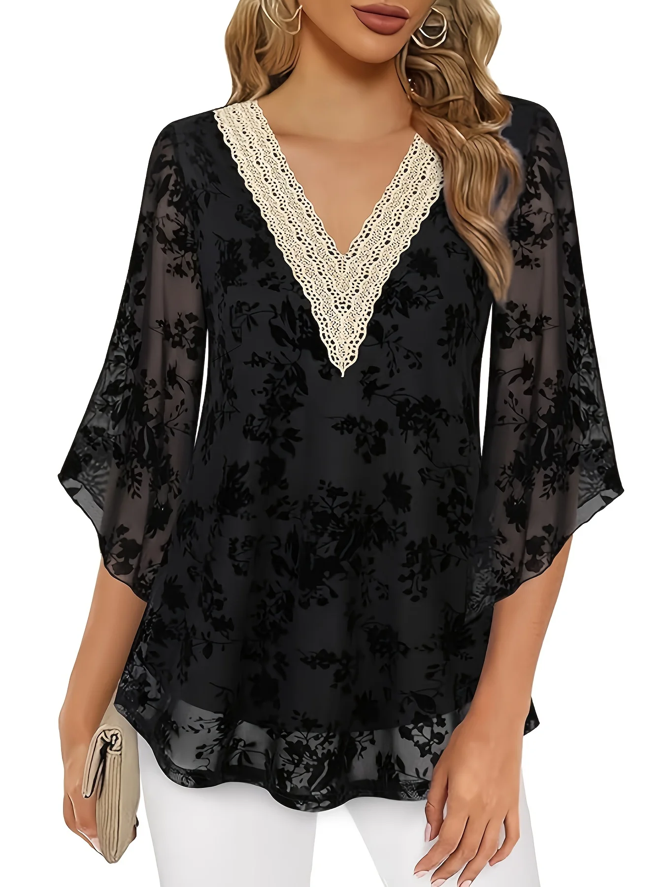 Plus Size Floral Print Top, Casual Lace Stitching V Neck 3/4 Sleeve Top, Women\'s Plus Size Clothing