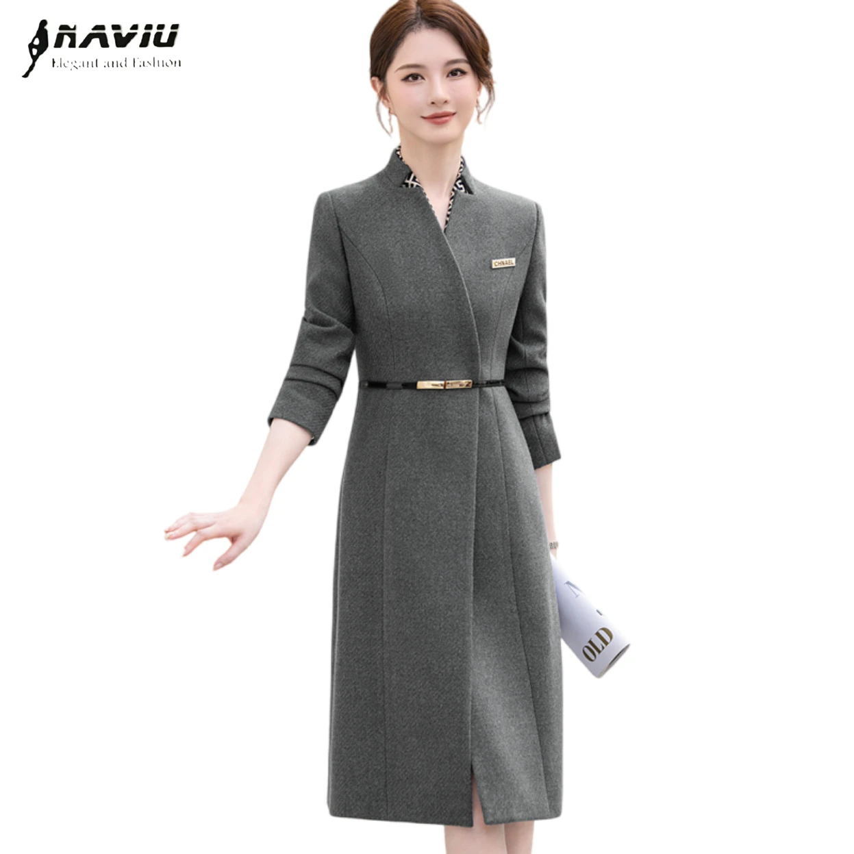 

NAVIU High Quality Women Coat Korean Style 2025 New Mid Length Autumn Winter Gray Temperament Slim Women overcoat