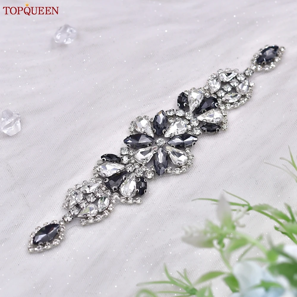 TOPQUEEN Hot Sale Bridal Belt And Sash Gray Diamond Wedding Belt Clothing Applique Accessories Holiday Gift S464-H