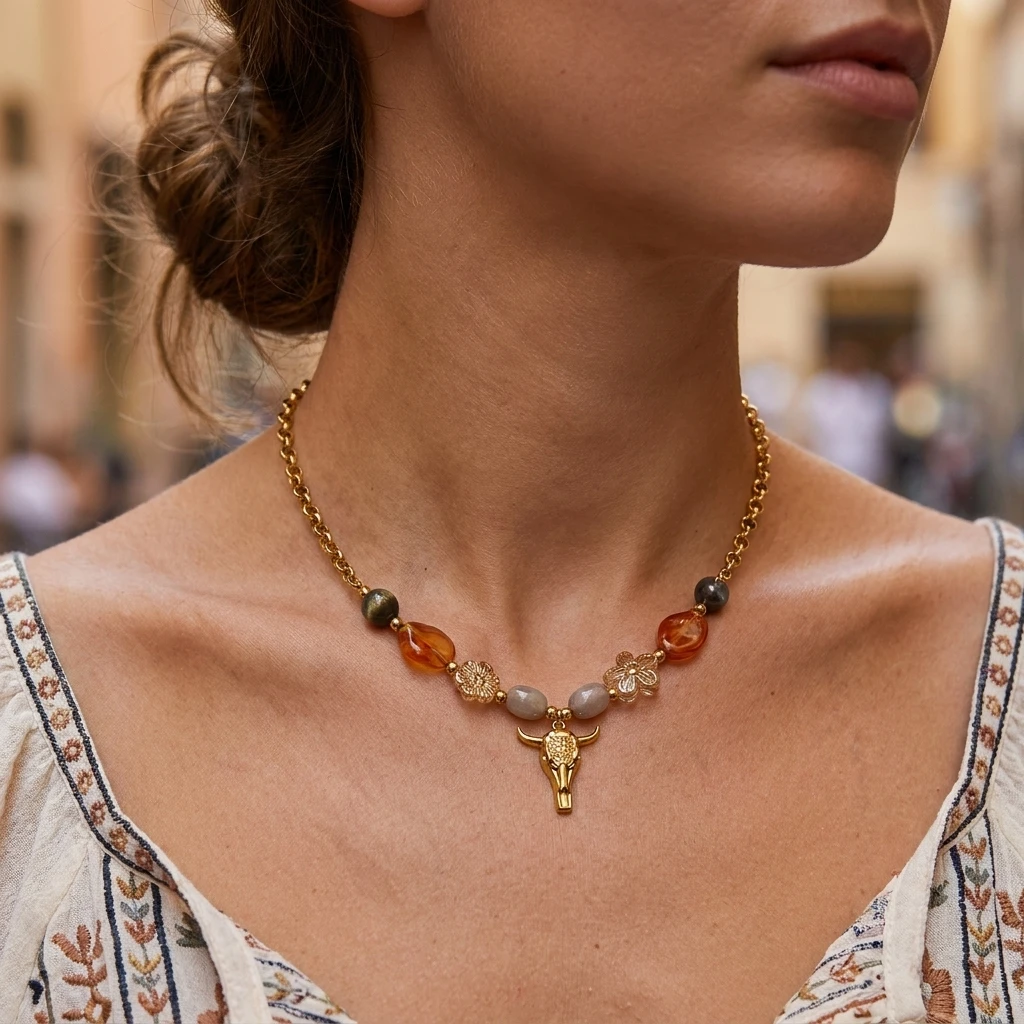 

Ethnic Bull Head Pendant Necklace Women Vintage Stainless Steel Stone Beaded Clavicle Chain Party Fashion Jewelry Gift