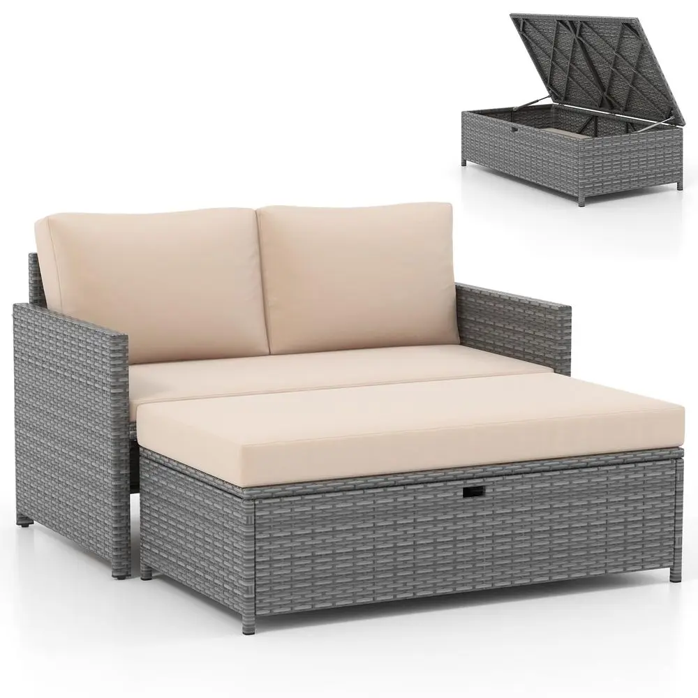 

Wicker Patio Outdoor Daybed Rattan Sunbed Loveseat with 31 Gallon Storage Ottoman amp Cushions, 2Piece Patio Furniture Sofa Set