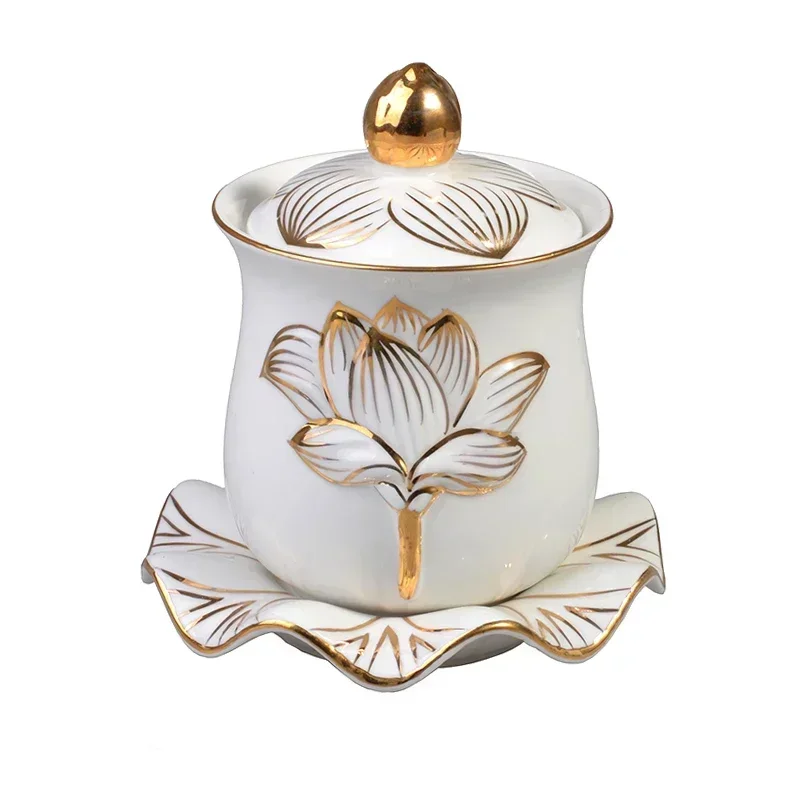 Exquisite Ceramic Buddha Offering Set with Gold Painting, Water Supply Cup, Flower Vase, White Lotus, Buddha Offering Decoration