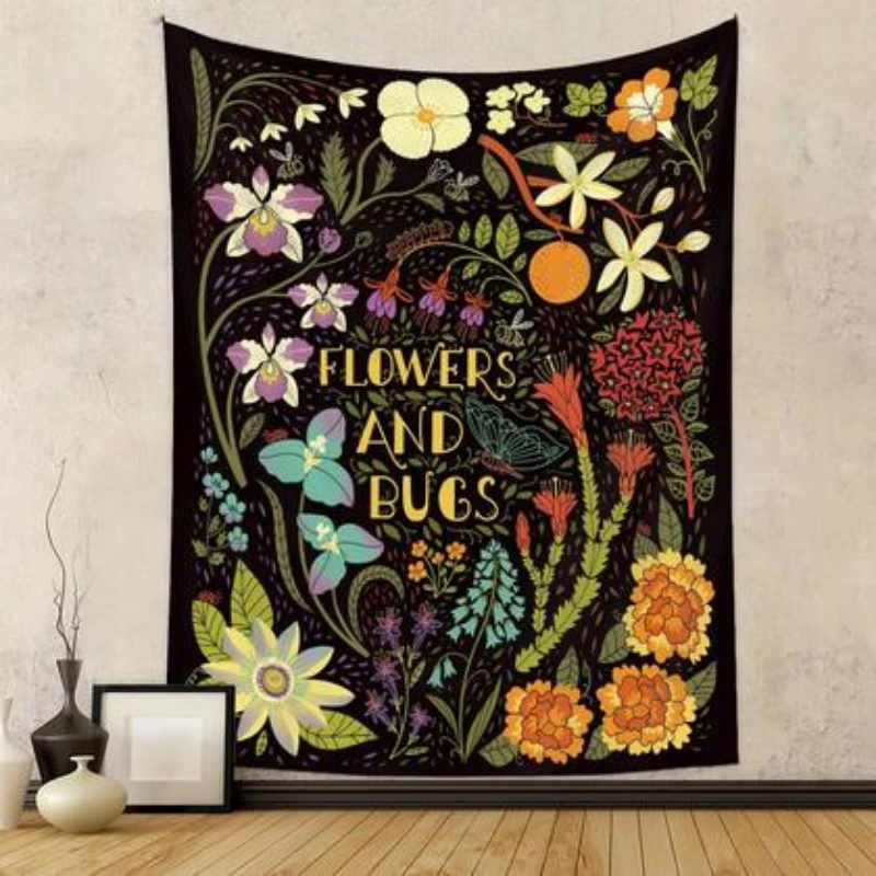 VIKAMA Retro Flower Insect Tapestry, Bohemian Botanical Wall Hanging, Vintage Aesthetic Decor for Bedroom Dorm Living Room