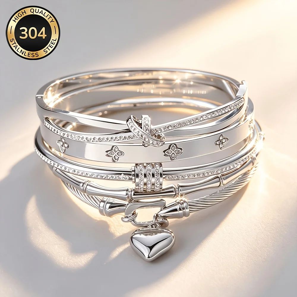 5Pcs High-Quality Stainless Steel Openable Fashion Cuff Bracelet Set, Diameter 6Cm/2.36Inch, Perfectly Fits the Wrist, Anti-Fading, Comfortable and Versatile, Simple and Elegant, Suitable for Daily Wear or as a Stylish Accessory for Women, Jewelry Accessory, Is an Exquisite Gift for Women.