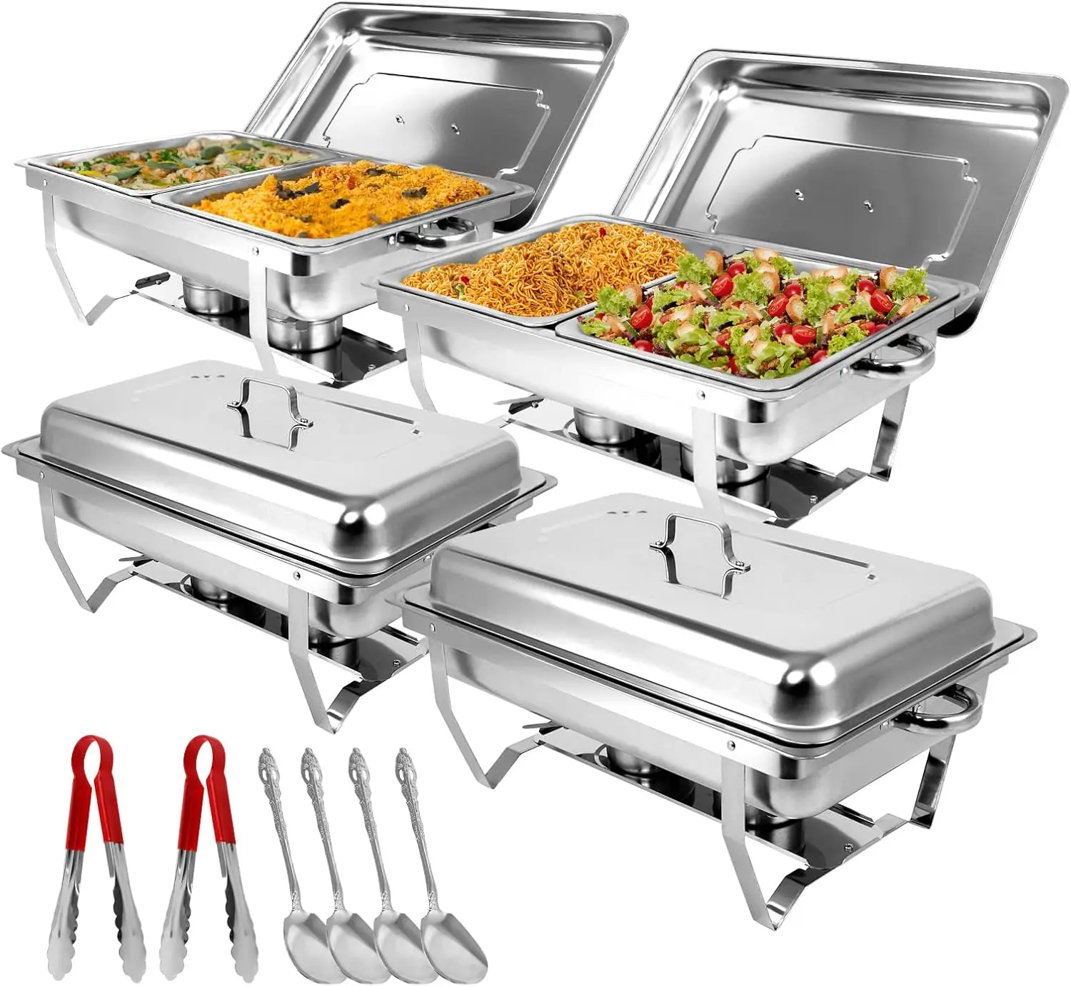 Snowtaros 4 Pack 8QT Chafing Dish Buffet Set, Stainless Steel Food Warmer Set, Rectangular Buffet Server with Tongs & Spoons for