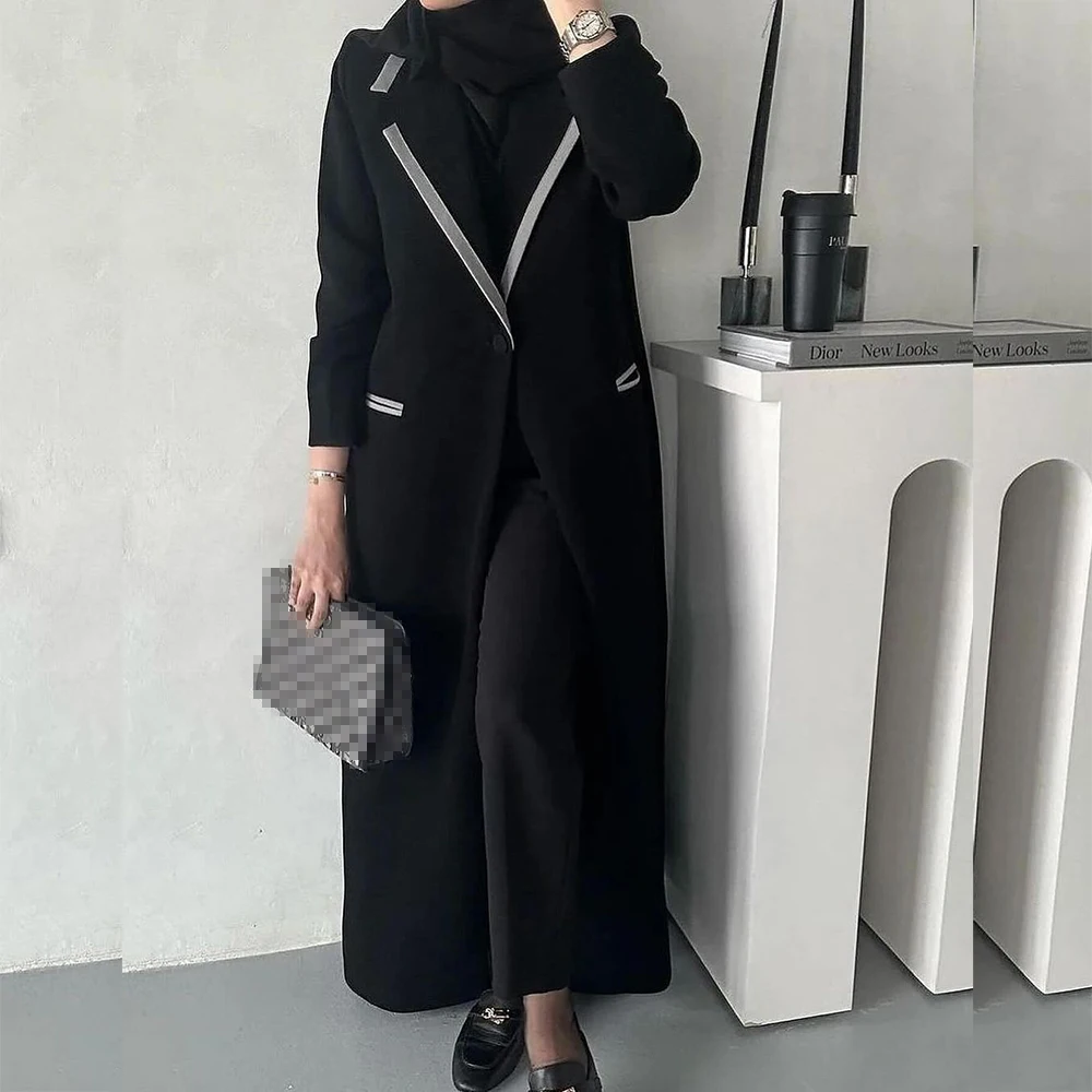 Dubai Muslim Black Women\'s Jacket Notch Lapel One Button Loose Outerwear 1 Piece Elegant Female Abaya Dresses Clothing 2024