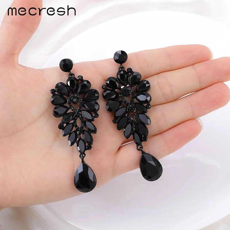 

Mecresh Bridal Drop Water Earrings Women Flower Long Pendant Crystal Black Color Earrings 2022 Sparkling Wedding Jewelry MEH1736