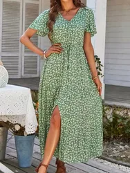 Vintage Floral Dresses for Women Elegant Loose New Slit Dress Summer Beach Holiday Leisure Long Dresses High Waist Print Vestido