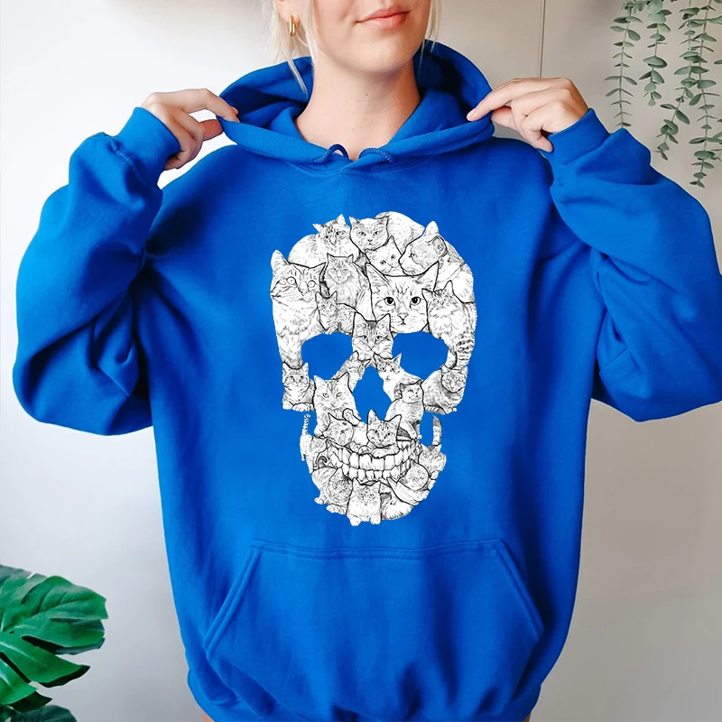 Cat Skull Printed Women\'s Autumn and Winter Hoodies Fleece Sweatshirt Loose Tops