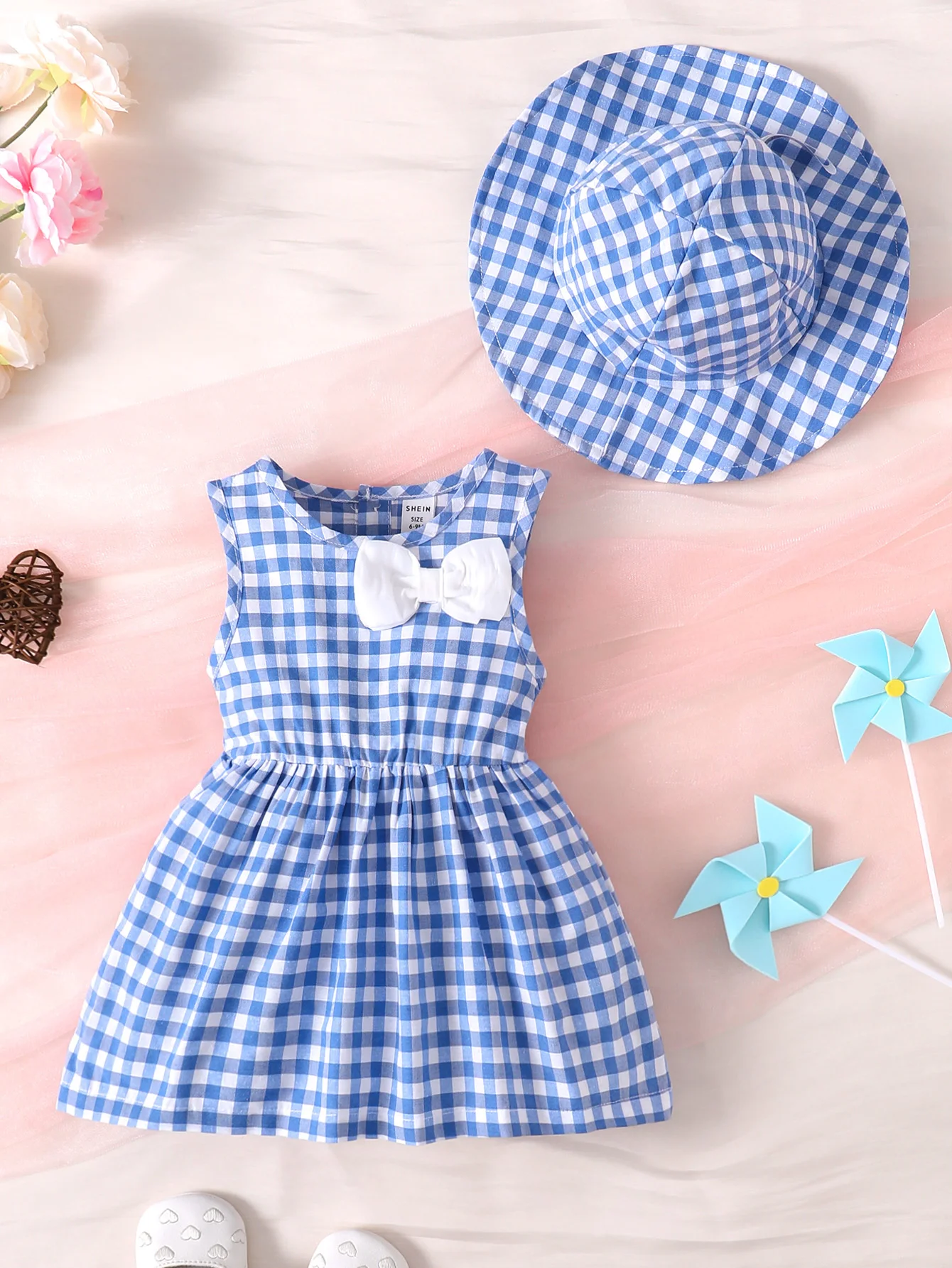 2pcs Summer Baby Girl Set Casual Vacation Fashion Buttons Blue Plaid Bow Sleeveless Dress + Hat Set  9M-3Y