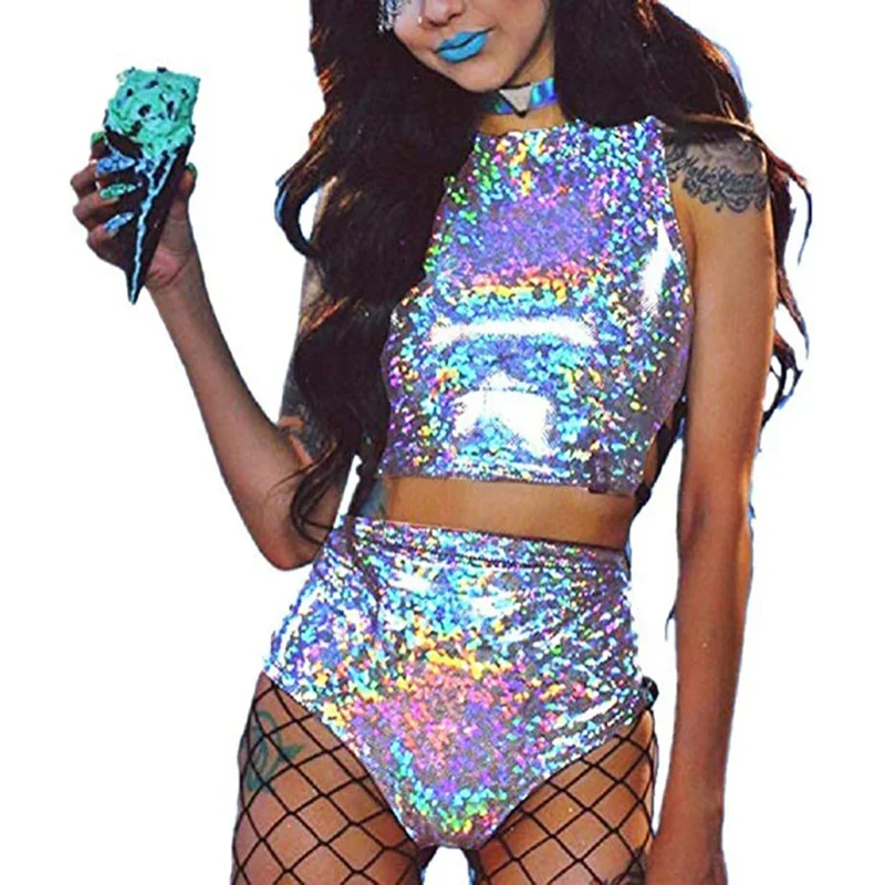 Halloween Cosplay Metallic Nightclub Pole Dance Set Festival Outfit Women Rave Reflective Top Shorts Sexy Gogo Dancer Stage