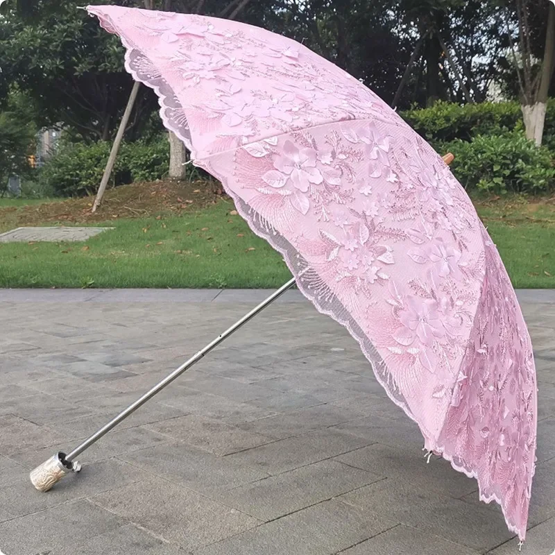 Lace Embroidered Sunny Umbrella, Two Folding Black Glue, Three-Dimensional Flower Cutting, UV Protection, Princess Umbrella