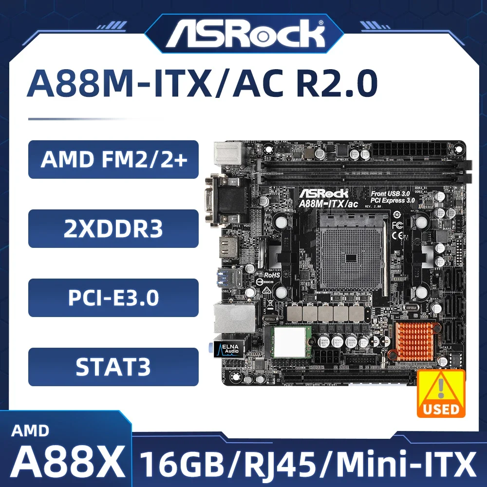 ASRock A88M-ITX/ac R2.0 Mini ITX placa base Socket FM2 + DDR3 32G AMD A88X M.2 1xPCIe 3,0x16 compatible con A8 765 7300 5300 855 769