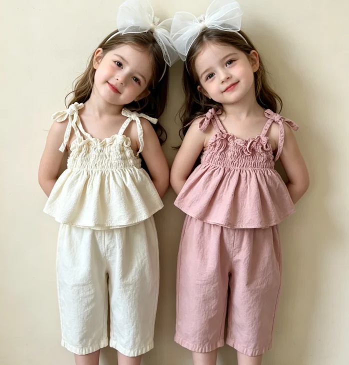 Conjunto Infantil Feminino 2026 Primavera Verão Novo Roupa Infantil Menina Bebê Fofo Cor Sólida Plissado Blusa Halter e Calça Duas Peças