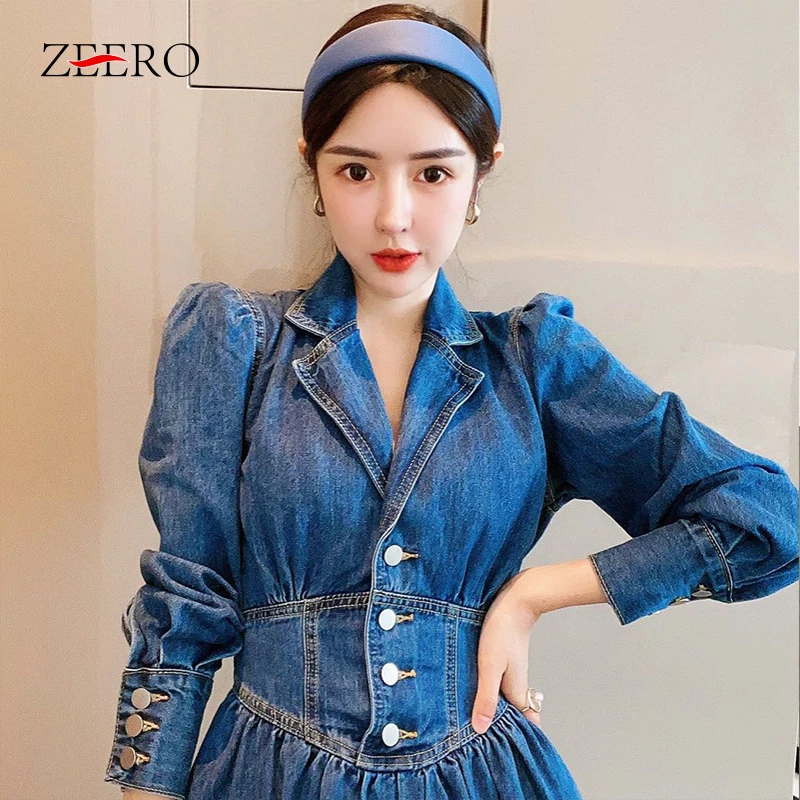 

Retro Puff Long Sleeve Single Breasted Turn Down Collar Denim Dress Elegant Hollow Out Long Bandage Dresses Vestidos