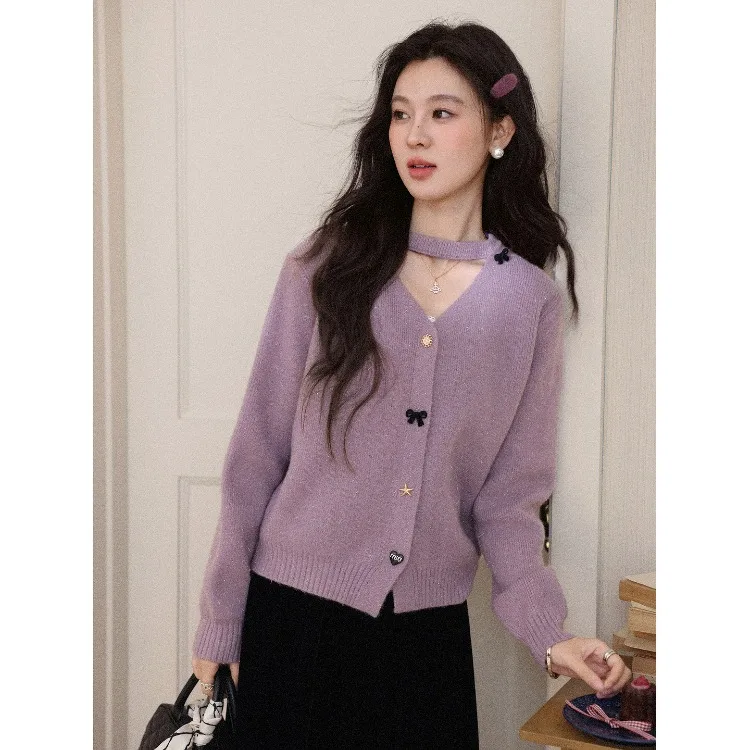 ALXNAN Women's Purple Knit Cardigan V-neck Hollow Out Unique Buttons Sweaters for Autumn Winter Fashion Tops Ladies L60212