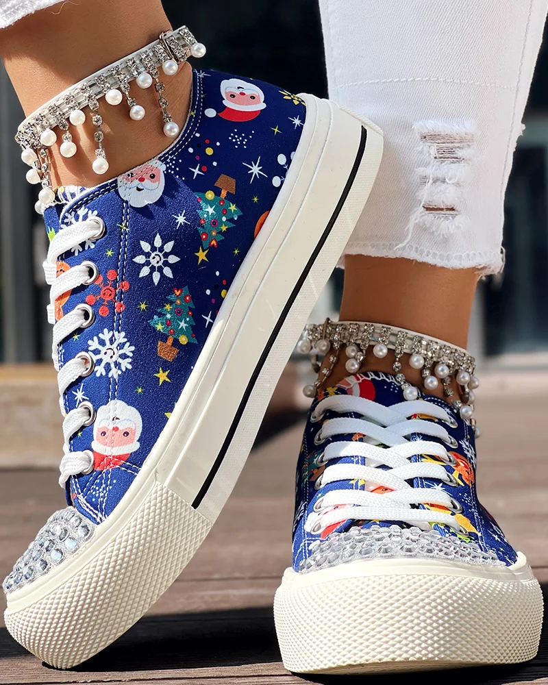 

Christmas Women's Sneakers Shoes Fashion New Christmas Diamond Round Toe Sneakers Lace-Up Casual Canvas Shoes