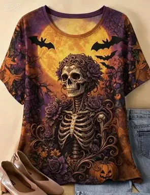 Women Crew Neck Short Sleeve T‑Shirt Halloween Cute Deer Witch Hat Pumpkin Bat Full Moon Print Casual Loose Fit Ladies Tops