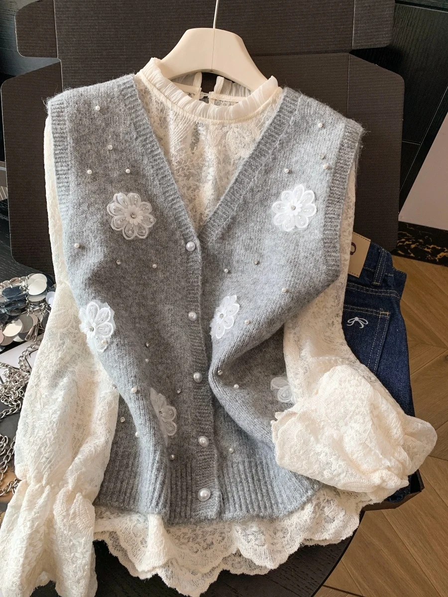 

Нежный ветер, нежное кружево, бисерное плетение, комплект из двух предметов: жилет и длинные брюки с высокой талией для женщин, эластичный V-образный вырез, зимний вариант