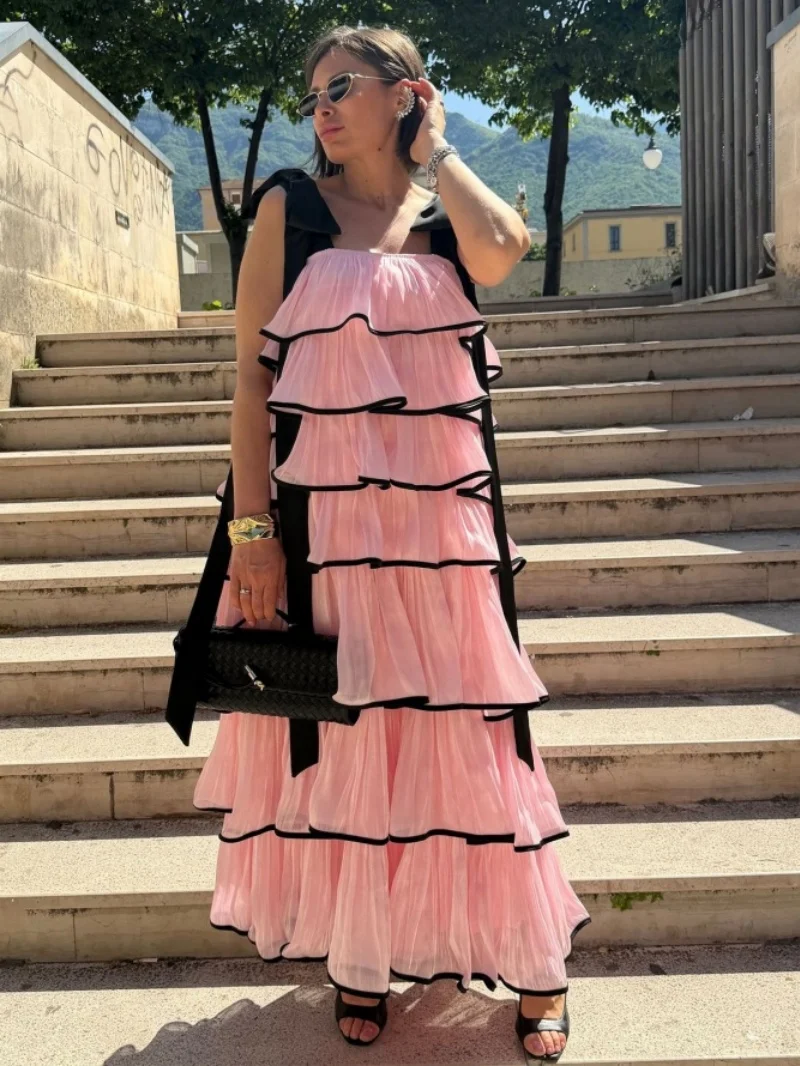 Fashion Ruffles Cake Dress Summer Clothing Women 2026 Sleeveless Strapless Maxi Long Dresses Holiday Beach Style Sling Dress