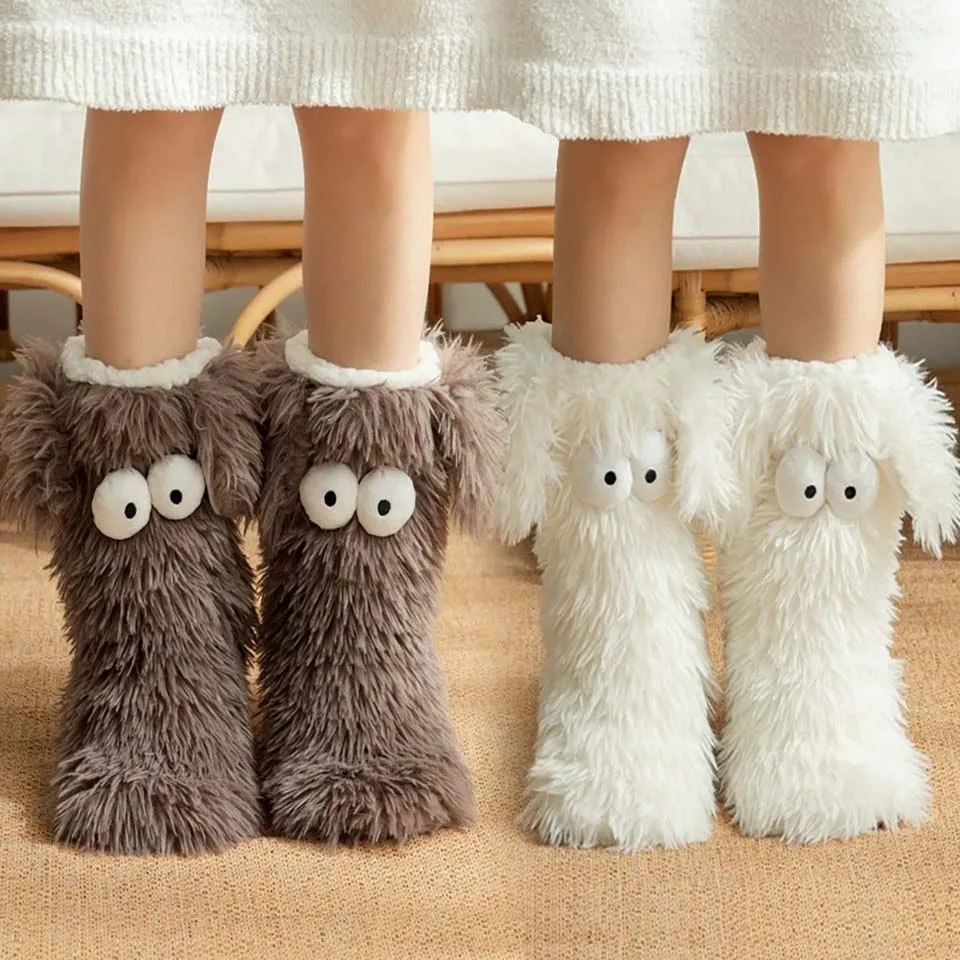 

Women's Men Winter Kawaii Big Eyes Slipper Socks with Puppy Ears Cartoon Non-slip Floor Socks Warm Thickened Coral Stockings ﻿