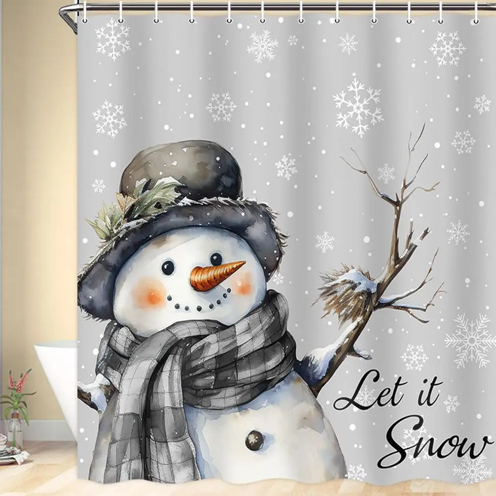

Рождественская занавеска для душа, серый снеговик, рождественский белый снежинка, серый клетчатый шарф со снеговиком, полиэстеровые занавески для душа, водонепроницаемая ткань