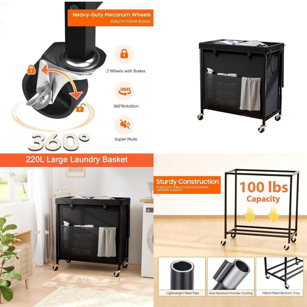 

60-галлонная корзина для белья с крышкой, большая высокая корзина на колесах, металлический каркас и съемная сумка для дома, общежития - черный