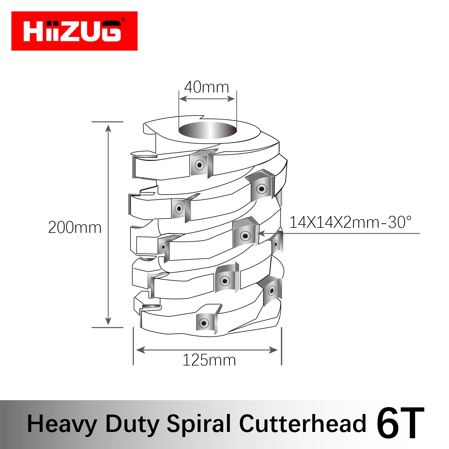 Hiizug Heavy Cut Spiral Cutter Head with Reversible Carbide Blades Helical Cutterhead for Planer Spindle Moulder D125d40H200