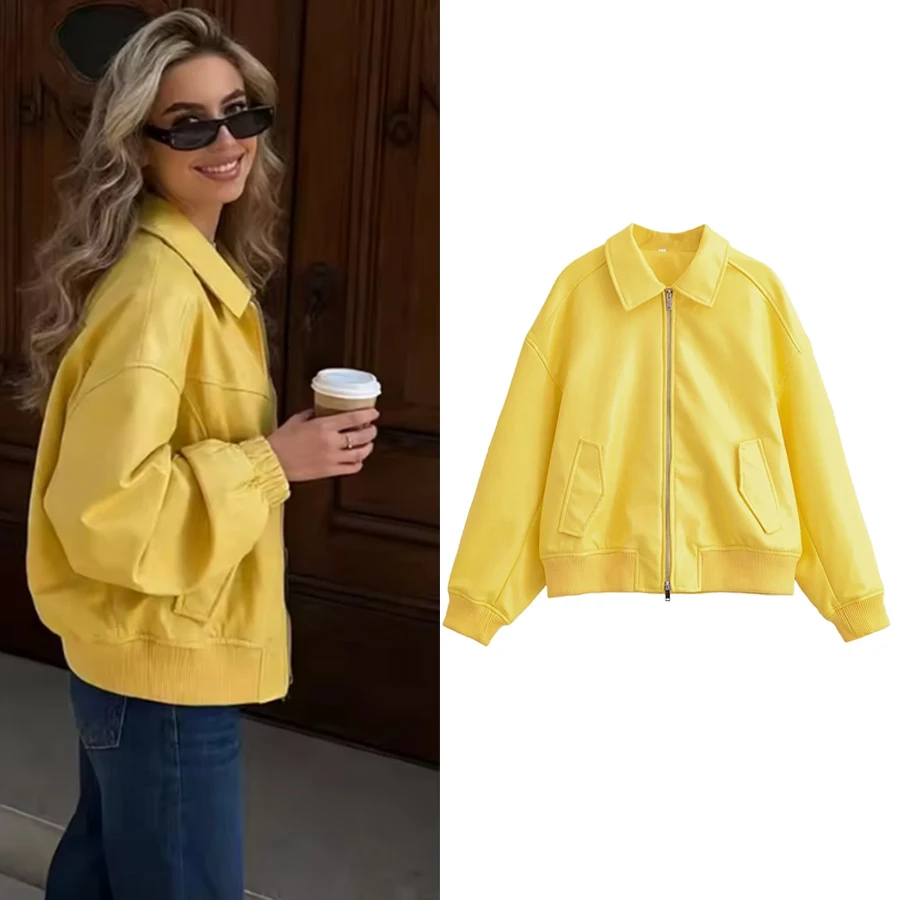 Women Fashion Yellow Leather Pilot Jacket Women Loose Zipper Full Sleeve Lapel Coats Female Street Spring Autumn Outwear