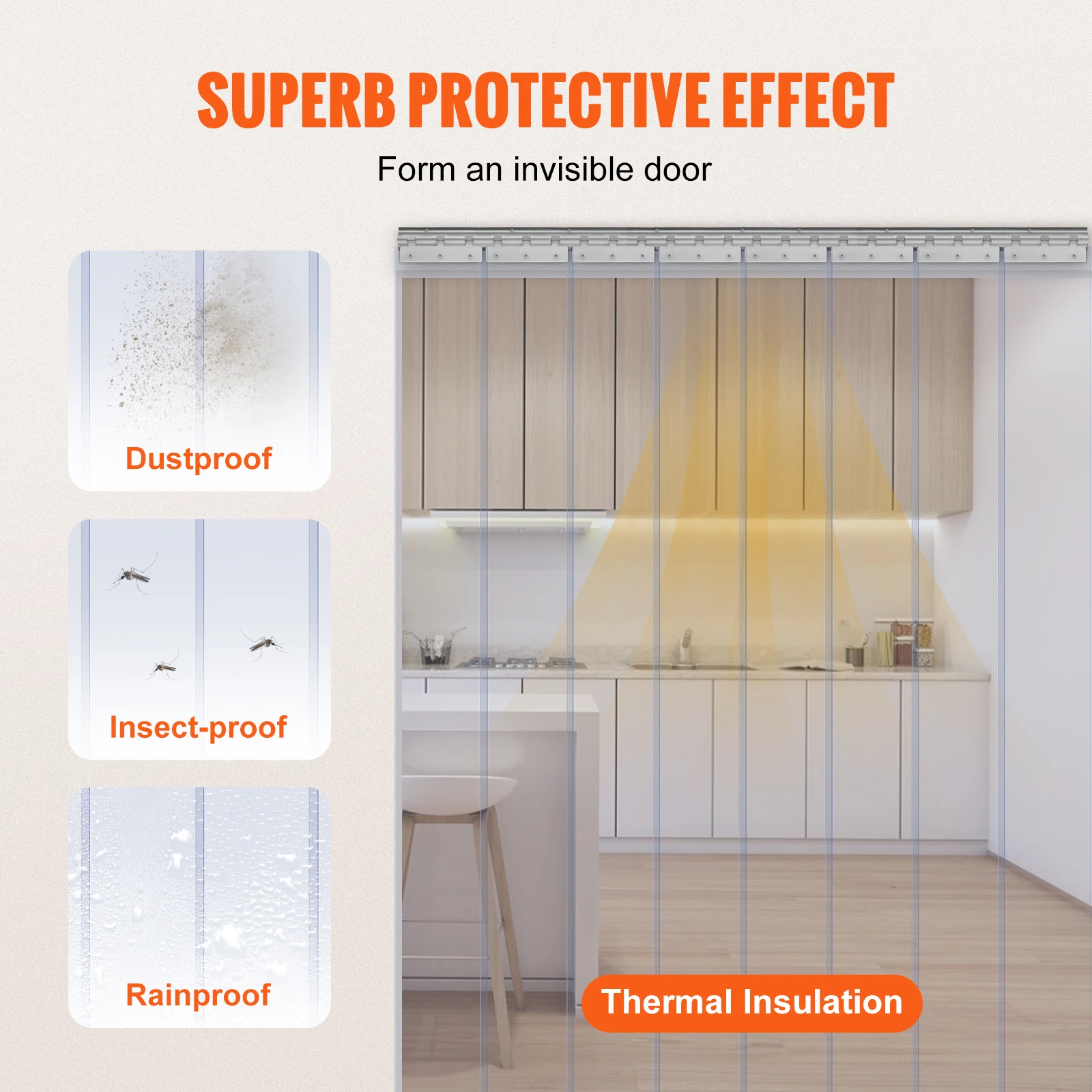 VEVOR Streifenvorhang, 243 cm Höhe x 121,9 cm Breite, 0,2 cm Dicke, 8 Stück transparenter PVC-Streifen-Türvorhang, Gefrierschrankvorhang,