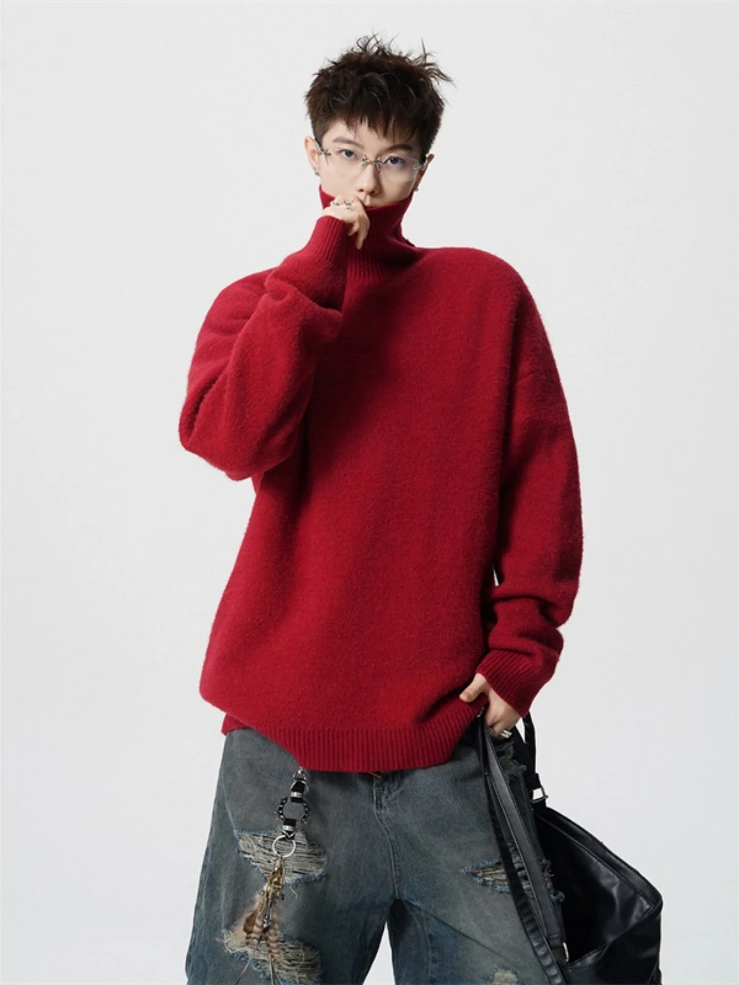 

Мужской осенне-зимний свитер с высоким воротом, свободного кроя, однотонный, простой, в стиле кэжуал, с длинным рукавом, базовый, в стиле Red Zodiac Year