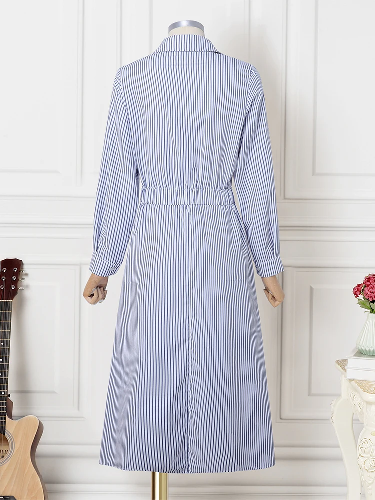 VONDA Elegante Frauen Gestreiften Lange Kleid Langarm Tasten Revers Plissee Hemd Vestidos Herbst Hohe Taille Büro Dame Party Robe