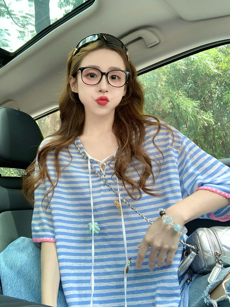 

Футболка ort Sve в синюю полоску, женская свободная посадка, повседневный американский ленивый летний дизайн, утягивающий топ, удобная хлопковая смесь