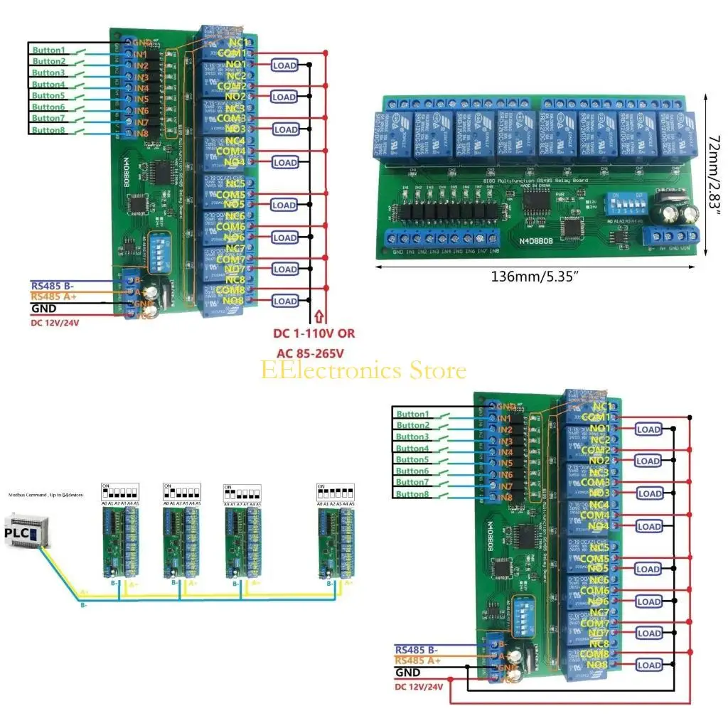 B03C DC12V 24V 8 Isolated Input & 8 Output DIN35 C45 Box UART RS485 Relays Module Modbus RTU Control Switches Board