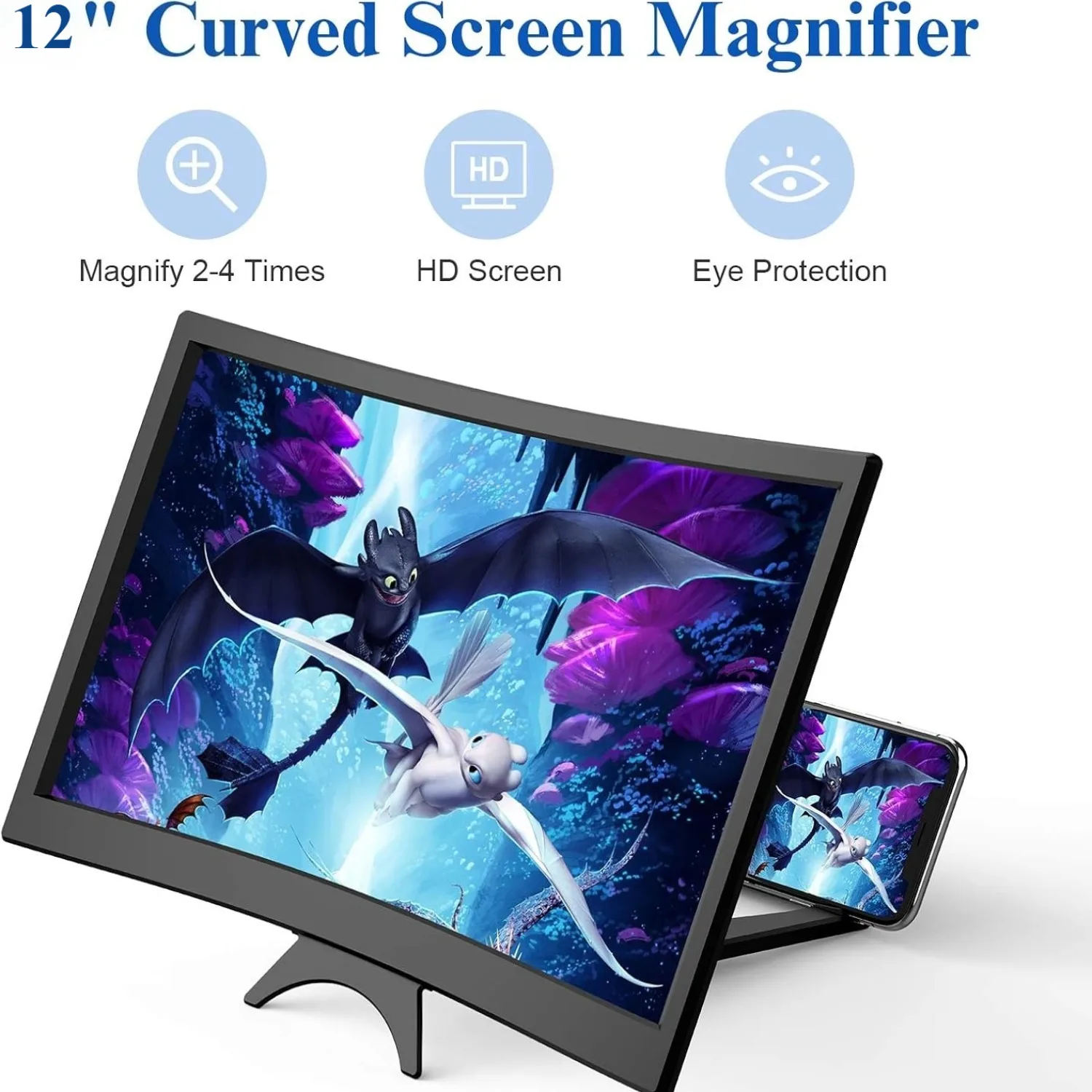 Lupa de pantalla curva de 12 "para teléfono móvil, lupa 3D HD, ampliadora de pantalla de proyector para películas, soporte plegable para teléfono y vídeo