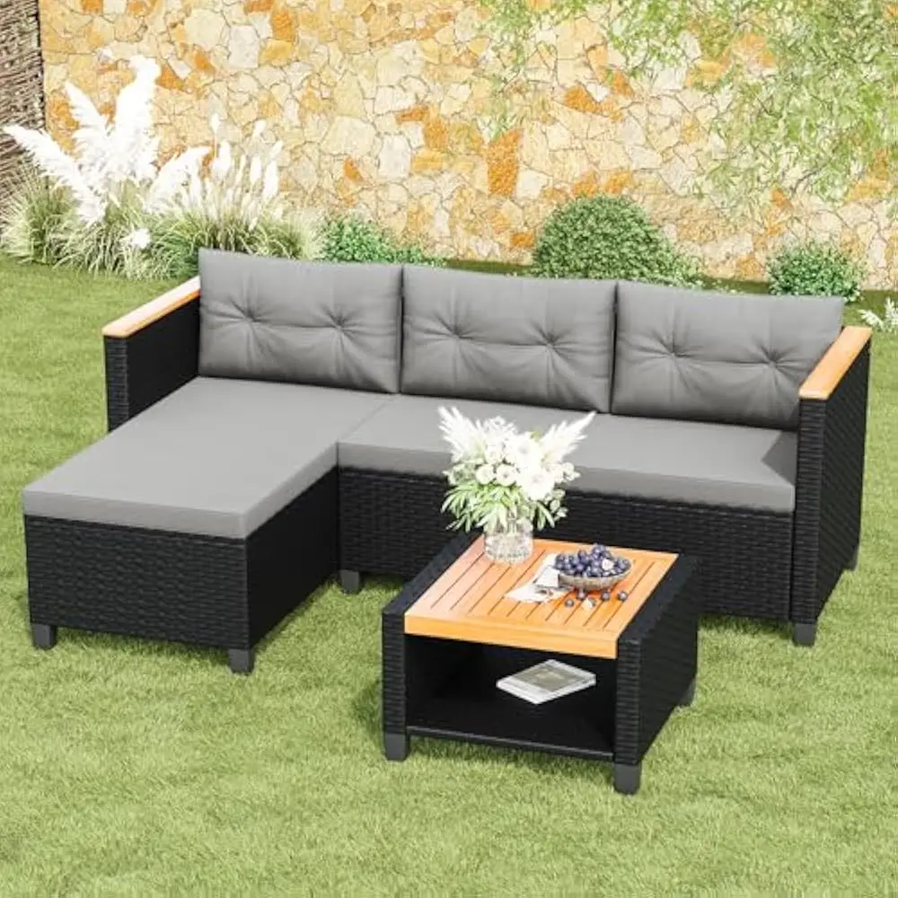 

3-Piece Outdoor Patio Furniture Set, All-Weather PE Rattan Patio Sofa with Storage Table, L Shaped Outdoor Couch with Cushions