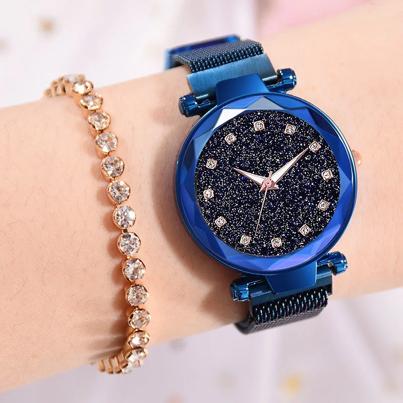 Reloj de marca de lujo para mujer, relojes de cuarzo de cristal para mujer, reloj de malla con hebilla magnética, reloj femenino con cielo estrellado