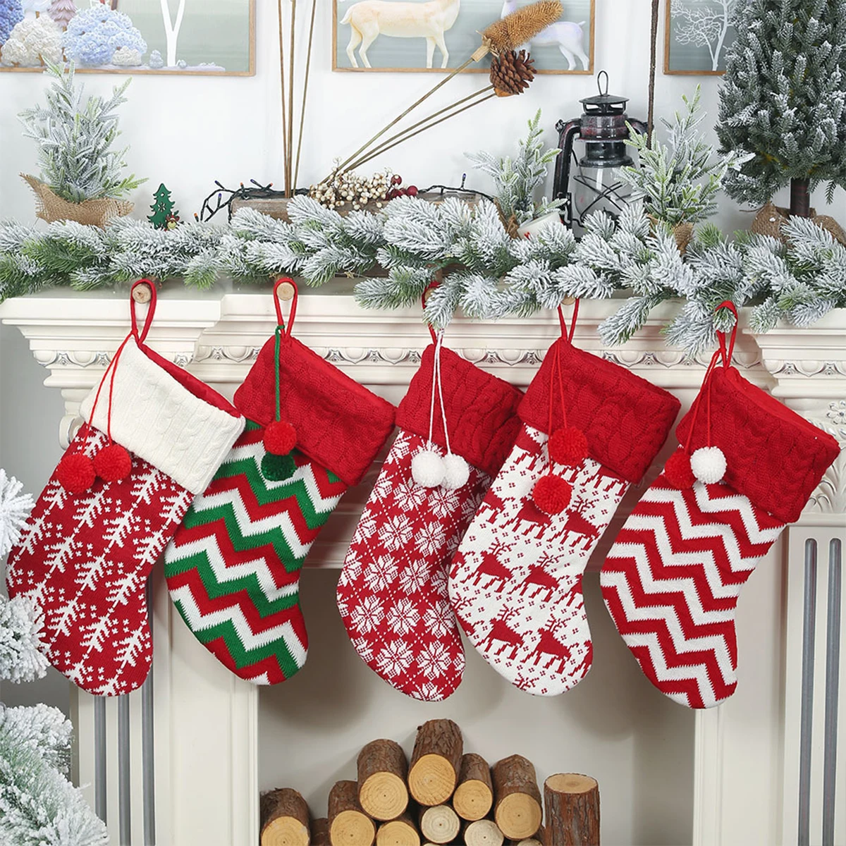 1PC Knitted Christmas Socks Red and White Moose Woolen Socks Gift Bags Accompanying Gifts Party Christmas Decorations