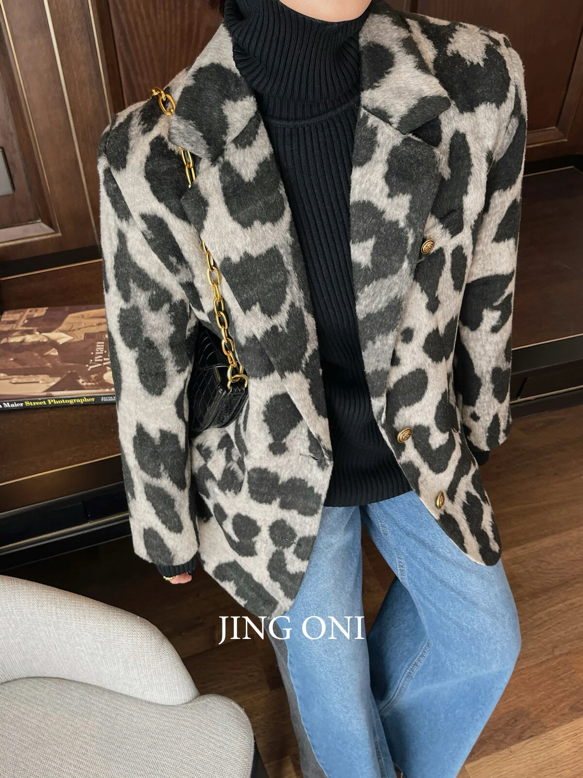 Leopard Jackets Wool Blend Coat Woman Clothing 2023 Y2k Korean Fashion Style Vintage Winter Elegant Outerwear Trench Luxury New