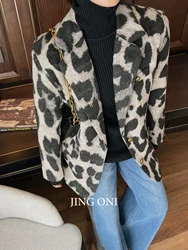 Casaco de lã feminino com mistura de leopardo, estilo coreano, roupas vintage, casacos elegantes, luxo novo, Y2k, 2023, inverno